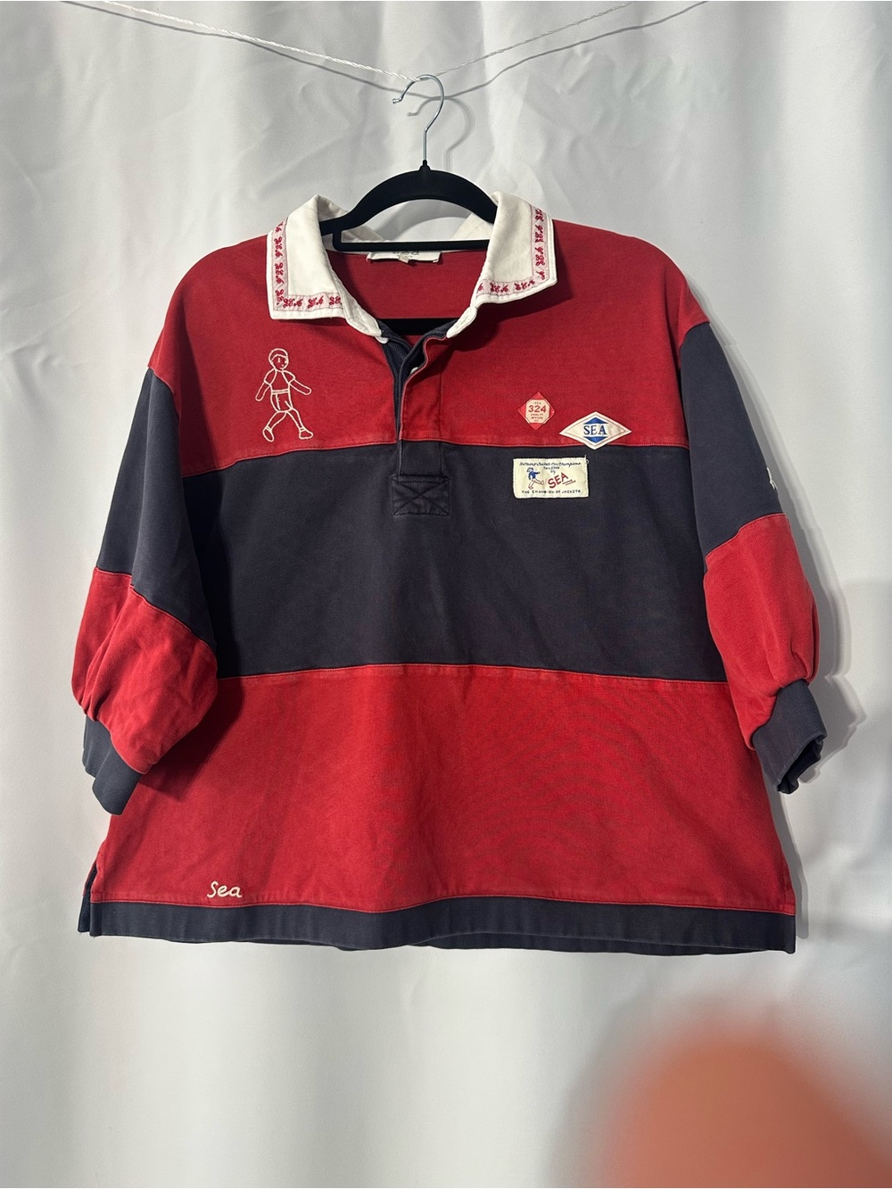 Sea Red and Black Striped Rugby Shirt with Embroidered Collar